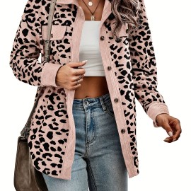 Leopard Print Button Plaid Jacket, Casual Flap Pockets Long Sleeve Jacket For Fall & Winter, Women's Clothing