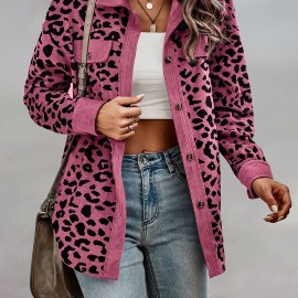 Leopard Print Button Plaid Jacket, Casual Flap Pockets Long Sleeve Jacket For Fall & Winter, Women's Clothing