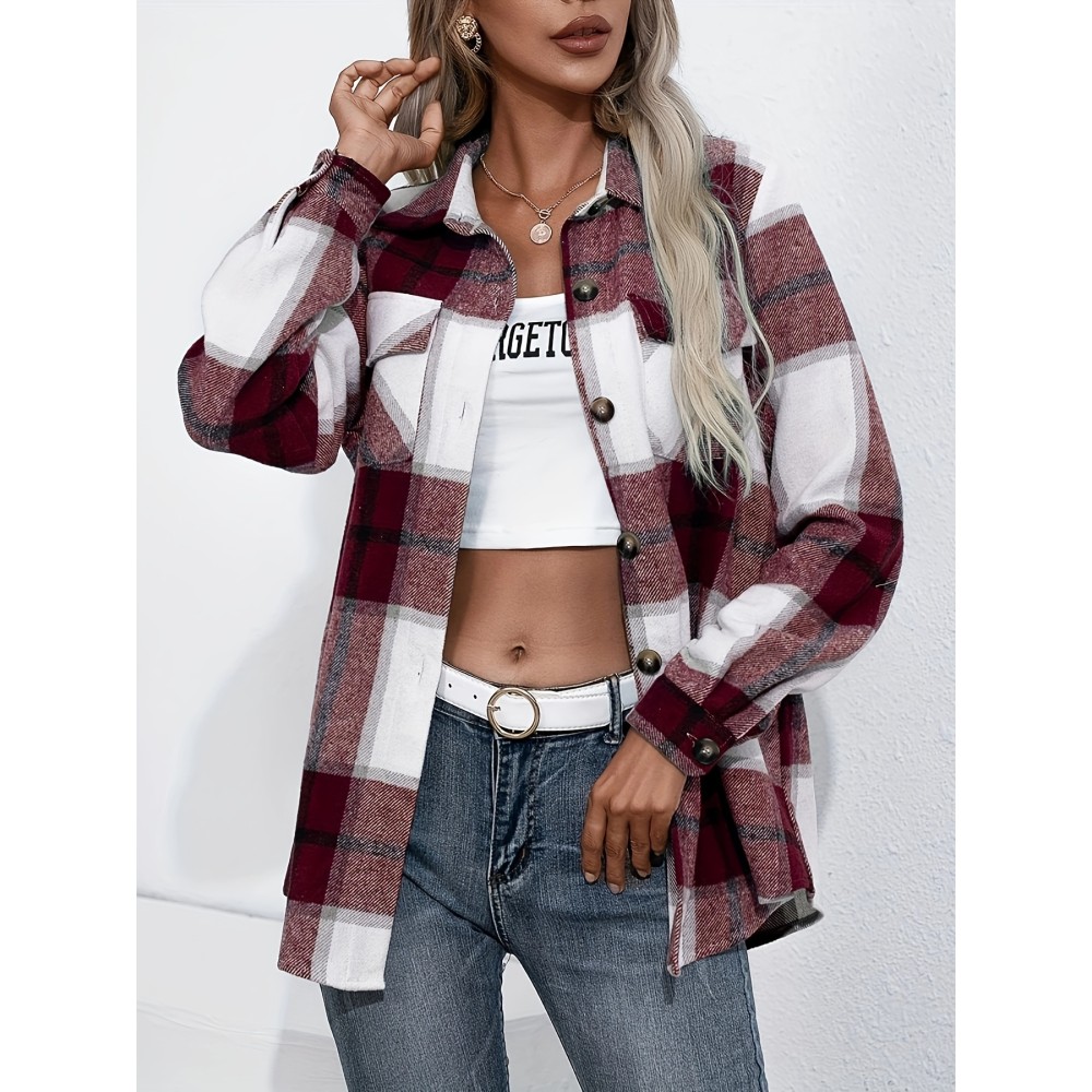 Plaid Button Front Jacket - Casual Lapel Long Sleeve Outwear for Women