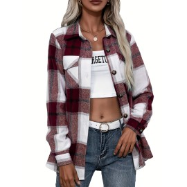 Plaid Button Front Jacket - Casual Lapel Long Sleeve Outwear for Women