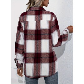 Plaid Button Front Jacket - Casual Lapel Long Sleeve Outwear for Women