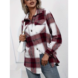 Plaid Button Front Jacket - Casual Lapel Long Sleeve Outwear for Women