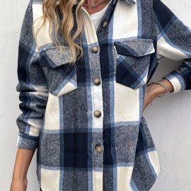 Plaid Button Front Jacket - Casual Lapel Long Sleeve Outwear for Women