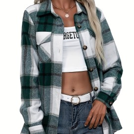 Plaid Button Front Jacket - Casual Lapel Long Sleeve Outwear for Women