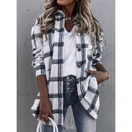 Women's Plaid Classic Shacket Jacket - Casual Button Front Long Sleeve Outerwear