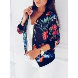 Women's Floral Print Zip Up Jacket - Casual Long Sleeve Spring & Fall Outerwear