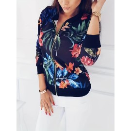 Women's Floral Print Zip Up Jacket - Casual Long Sleeve Spring & Fall Outerwear