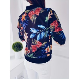 Women's Floral Print Zip Up Jacket - Casual Long Sleeve Spring & Fall Outerwear