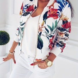 Women's Floral Print Zip Up Jacket - Casual Long Sleeve Spring & Fall Outerwear