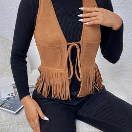 Tassel Tie Front Solid Vest, Elegant Sleeveless Stylish Vest, Women's Clothing