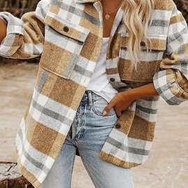 Women's Stylish Plaid Button Down Long Sleeve Jacket - Loose Lapel Design