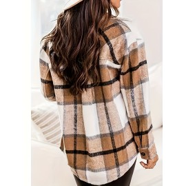 Plaid Print Pocket Button Front Jacket - Casual Collared Long Sleeve Outerwear for Women