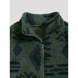 Women's Aztec Pattern Fuzzy Jacket - Cozy Zip Up Outwear for Winter and Fall