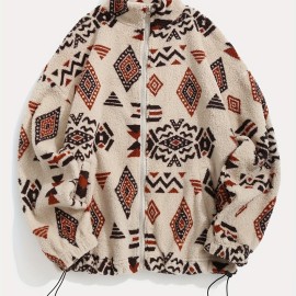 Women's Aztec Pattern Fuzzy Jacket - Cozy Zip Up Outwear for Winter and Fall