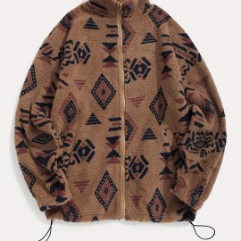 Women's Aztec Pattern Fuzzy Jacket - Cozy Zip Up Outwear for Winter and Fall