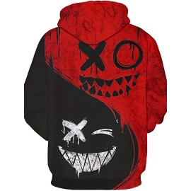 2 Smile Faces Patchwork Print Hoodie, Hoodies For Men, Men's Casual Graphic Design Pullover Hooded Sweatshirt With Kangaroo Pocket For Spring Fall, As Gifts