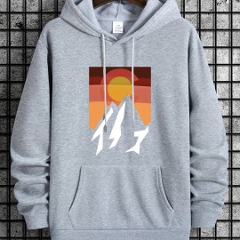 Mountain And Sunrise Print Hoodie, Comfy Clothing For Men, Men's Casual Hooded Pullover Streetwear Sweatshirt For Spring Fall Winter, As Gifts