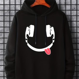 Headphone Smile Print Hoodie, Hoodies For Men, Men's Casual Graphic Design Pullover Hooded Sweatshirt With Kangaroo Pocket Streetwear For Winter Fall, As Gifts