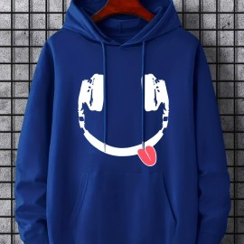 Headphone Smile Print Hoodie, Hoodies For Men, Men's Casual Graphic Design Pullover Hooded Sweatshirt With Kangaroo Pocket Streetwear For Winter Fall, As Gifts