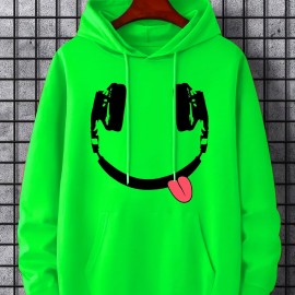 Headphone Smile Print Hoodie, Hoodies For Men, Men's Casual Graphic Design Pullover Hooded Sweatshirt With Kangaroo Pocket Streetwear For Winter Fall, As Gifts