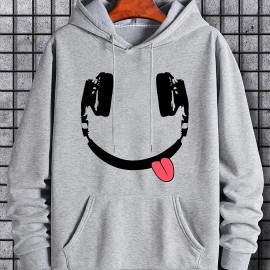 Headphone Smile Print Hoodie, Hoodies For Men, Men's Casual Graphic Design Pullover Hooded Sweatshirt With Kangaroo Pocket Streetwear For Winter Fall, As Gifts