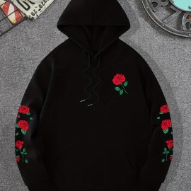 Red Rose Print Men's Hooded Sweatshirt - Casual Long Sleeve Pullover for Autumn/Winter - Great Gift for Men