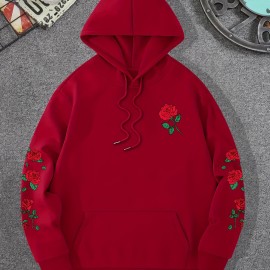 Red Rose Print Men's Hooded Sweatshirt - Casual Long Sleeve Pullover for Autumn/Winter - Great Gift for Men