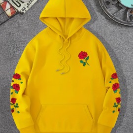 Red Rose Print Men's Hooded Sweatshirt - Casual Long Sleeve Pullover for Autumn/Winter - Great Gift for Men