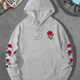 Red Rose Print Men's Hooded Sweatshirt - Casual Long Sleeve Pullover for Autumn/Winter - Great Gift for Men