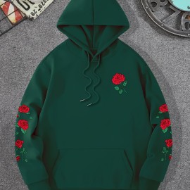 Red Rose Print Men's Hooded Sweatshirt - Casual Long Sleeve Pullover for Autumn/Winter - Great Gift for Men