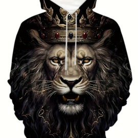 King Lion Print Hoodie for Men - Casual Graphic Design Pullover Sweatshirt for Winter and Fall - Streetwear Gift