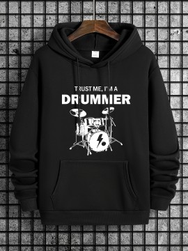 Trust Me I'm Drummer Print Hoodie, Cool Hoodies For Men, Men's Casual Graphic Design Pullover Hooded Sweatshirt With Kangaroo Pocket Streetwear For Winter Fall, As Gifts