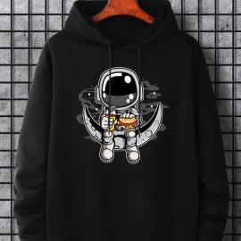 Cartoon Astronaut & Moon Print Hoodie, Hoodies For Men, Men's Casual Graphic Design Pullover Hooded Sweatshirt With Kangaroo Pocket Streetwear For Winter Fall, As Gifts