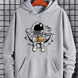 Cartoon Astronaut & Moon Print Hoodie, Hoodies For Men, Men's Casual Graphic Design Pullover Hooded Sweatshirt With Kangaroo Pocket Streetwear For Winter Fall, As Gifts