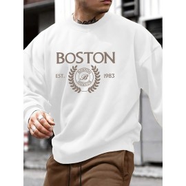 Boston Letter Pattern Men's Pullover Sweatshirt - Casual Long Sleeve Top for Autumn/Winter