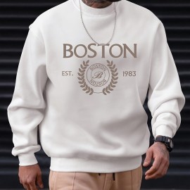 Boston Letter Pattern Men's Pullover Sweatshirt - Casual Long Sleeve Top for Autumn/Winter