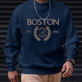 Boston Letter Pattern Men's Pullover Sweatshirt - Casual Long Sleeve Top for Autumn/Winter