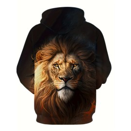 Men's Lion Print Hoodie - Casual Graphic Design Pullover Sweatshirt with Kangaroo Pocket for Winter Fall