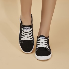 Women's Low Top Canvas Shoes, Simple Lace Up Flat Sneakers, Comfy Lightweight Walking Shoes