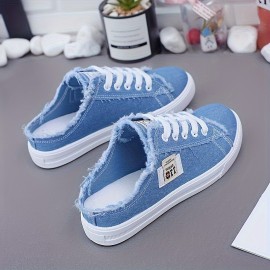 Women's Solid Color Casual Shoes, Lace Up Lightweight Soft Sole Walking Comfort Shoes, Half Drag Breathable Canvas Shoes