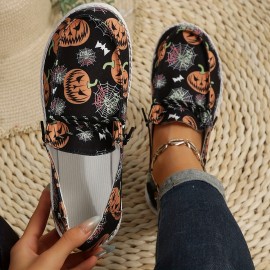 Women's Pumpkin & Cobweb Canvas Shoes, Casual Halloween Slip On Flat Loafers, Comfort Low Top Sneakers