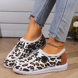 Women's Leopard Printed Canvas Shoes, Winter Warm Plush Lined Low Top Flats, Cozy Slip On Sneakers