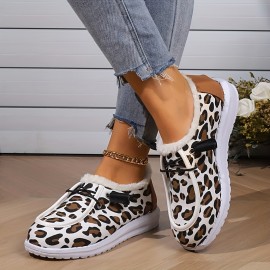 Women's Leopard Printed Canvas Shoes, Winter Warm Plush Lined Low Top Flats, Cozy Slip On Sneakers