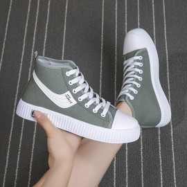 Women's High-Top Canvas Shoes, Breathable & Comfortable Flat Casual Sneakers, Available Daily Preppy Shoes