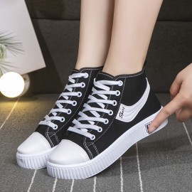 Women's High-Top Canvas Shoes, Breathable & Comfortable Flat Casual Sneakers, Available Daily Preppy Shoes