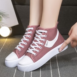 Women's High-Top Canvas Shoes, Breathable & Comfortable Flat Casual Sneakers, Available Daily Preppy Shoes