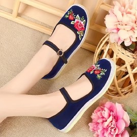 Floral Embroidered Flats - Comfy Everyday Wear with Secure Ankle Strap - Lightweight & Various Colors