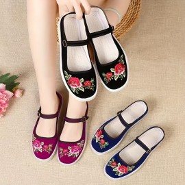 Floral Embroidered Flats - Comfy Everyday Wear with Secure Ankle Strap - Lightweight & Various Colors