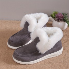 Women's Solid Color Snow Boots, Casual Slip On Plush Lined Boots, Comfortable Canvas Shoes