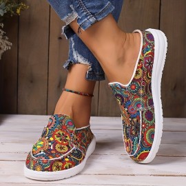 Women's Trendy Canvas Shoes, Casual Floral Pattern Outdoor Backless Shoes, Lightweight Slip On Mule Sneakers